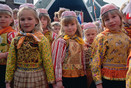 Marken Queensday  Schoolgirls in traditional costumes in the 80's.
